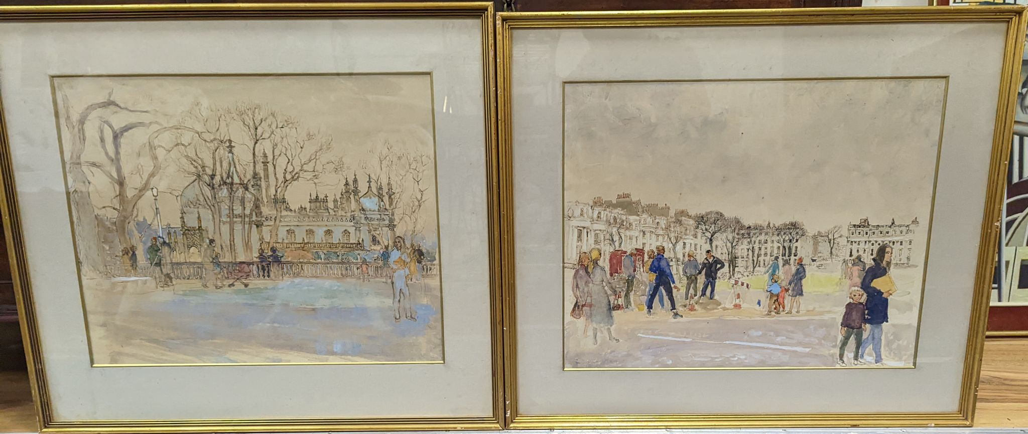 Margaret Milnes (b.1908), pair of ink and watercolour studies, Figures before Brighton Pavilion and On The Promenade, indistinctly signed and dated '71, 30 x 50cm